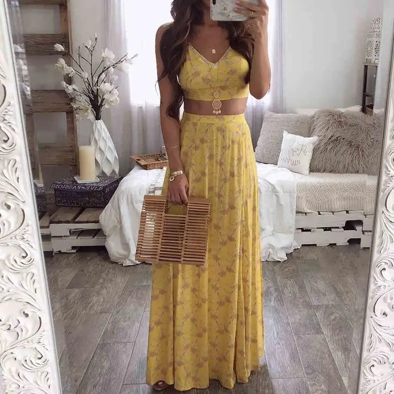 

Summer 2 Piece Set Women Suit Yellow Print Crop Top Skirts Sets Female Beach Floral Sexy Tops & Long Skirt Set