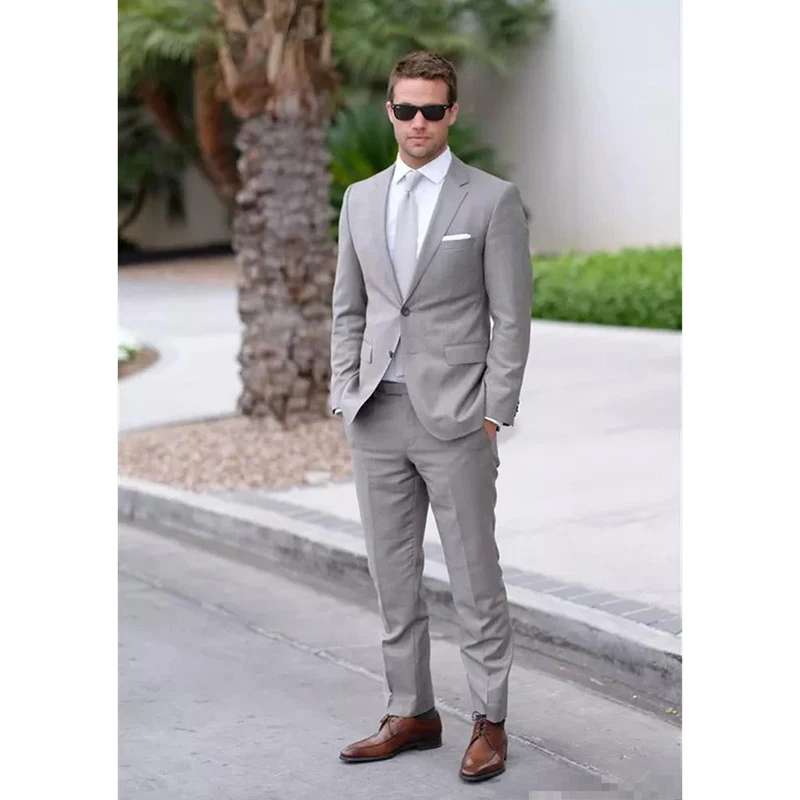 6252 Deux Boutons Veste Pantalon Cravate Mouchoir Gris Clair Hommes Costume Custume Homme Bureau Mariage Affaires Terno Masculino Hommes