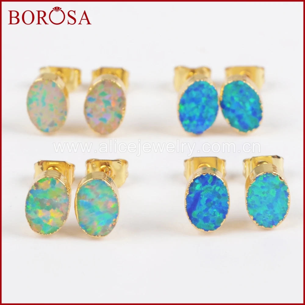 Женские овальные серьги BOROSA 5 пар с голубым опалом золотого цвета в японском