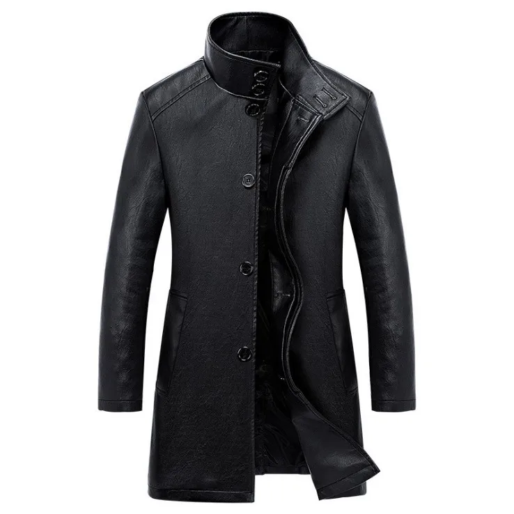 Роскошный Тренч, кожаное пальто, Мужская однобортная деловая Повседневная кожаная куртка, мужское черное длинное пальто из искусственной кожи, большой размер 4XL - Цвет: Черный