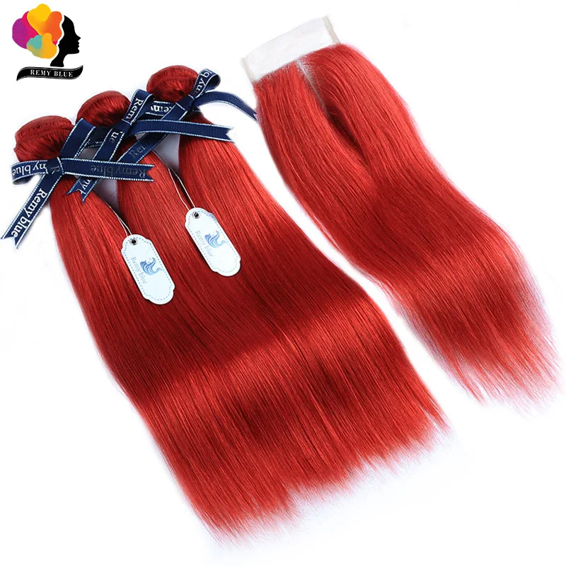 Burgundy Bundles With Closure Colored Red 99J Indian Straight Hair Remy Human 3 Thick Remyblue | Шиньоны и парики