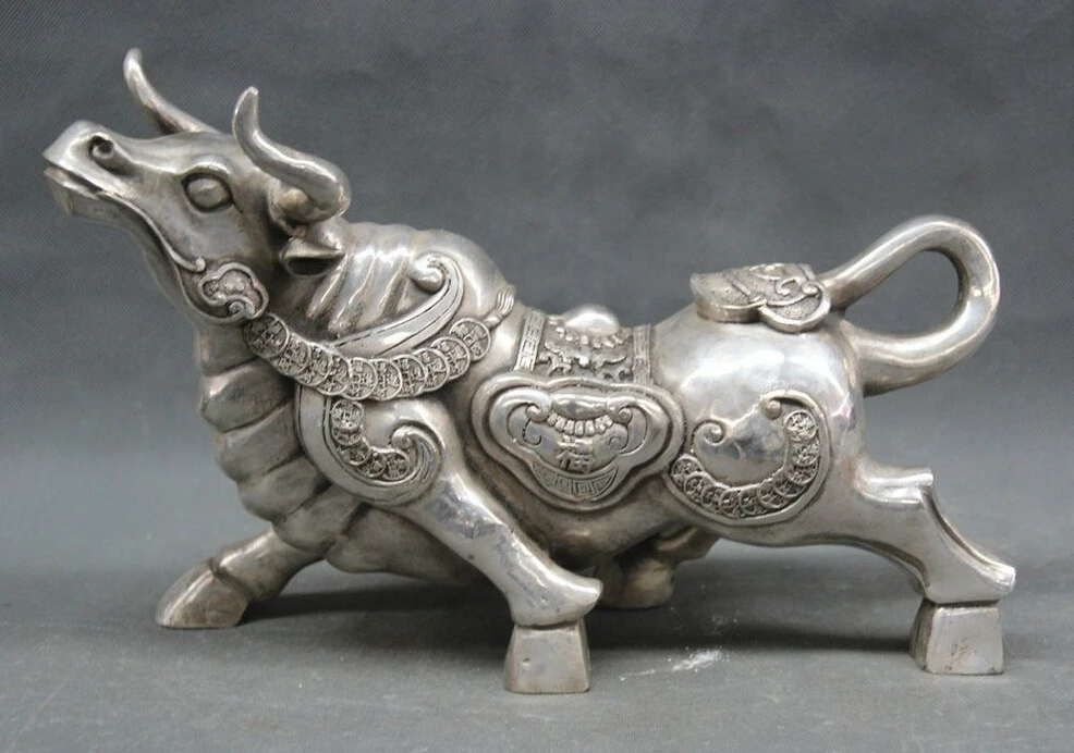 

14" Chinese Silver Folk Zodiac Year Fu Rich Money Bull Oxen Statue sculpture