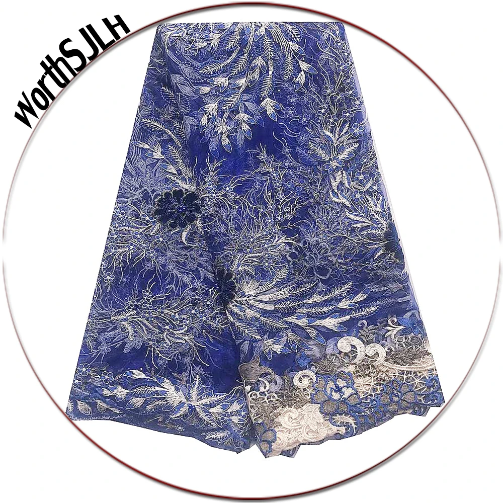 

New Net African Lace Fabric 2019 High Quality Embroidered Tulle Swiss Mesh Lace Fabric Dubai Gold Royal Blue Lace Fabric