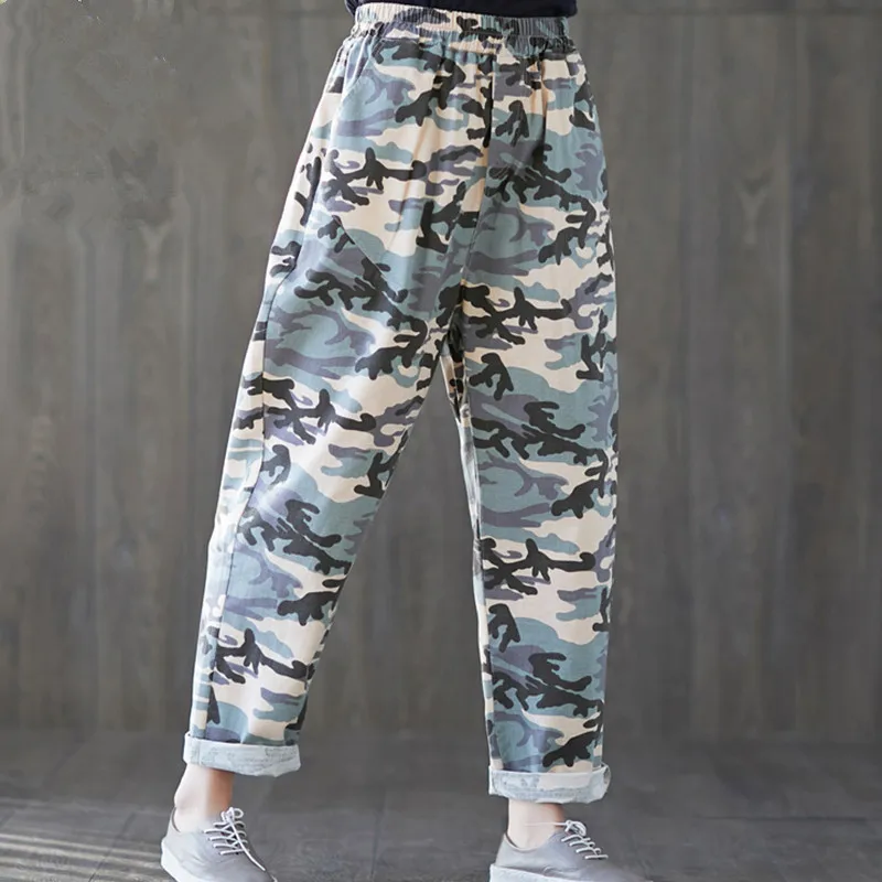 

New Women Camouflage Harem Pants Cotton Linen Printed Loose Harem Pants Elastic Waist Full Length Hip Hop Female Pant Sweatpants