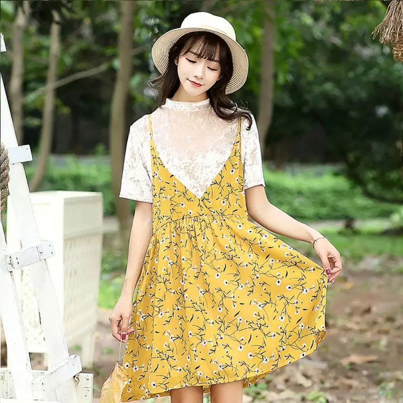 Women Fashion Floral Print Spaghetti Strap Dresses Korean