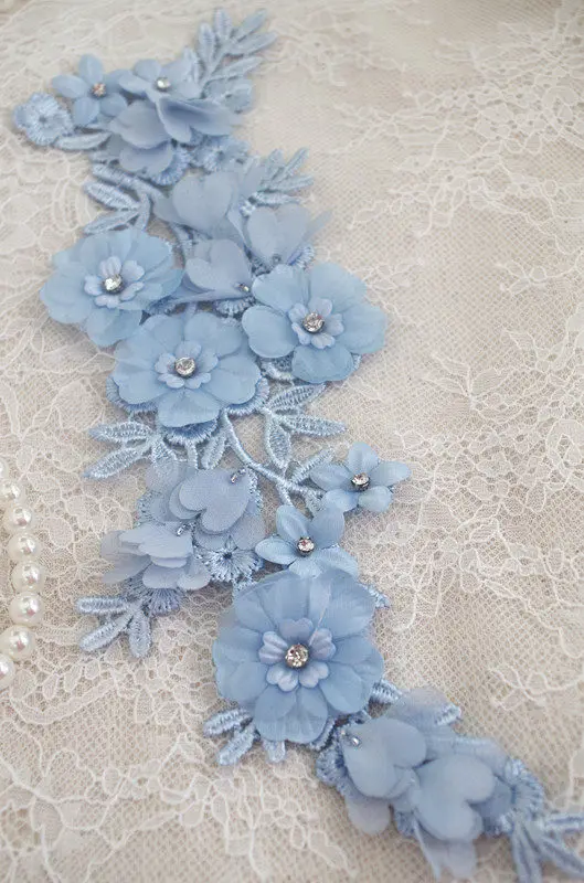 10 pcs light blue Lace applique, bead lace applique with 3D flowers