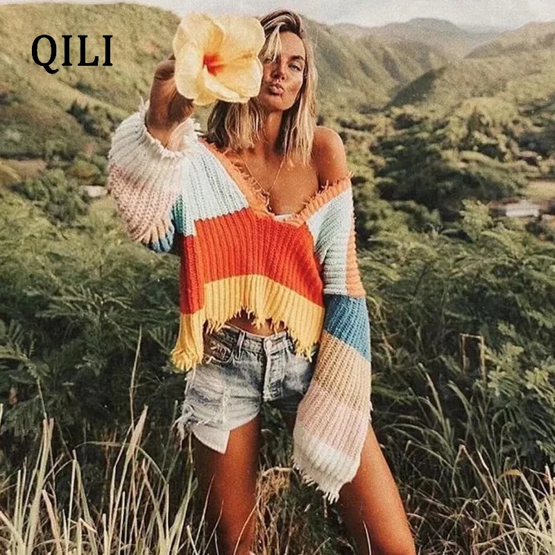QILI New Multicolor Stripes Sweater Women Low Chest Deep V-neck Irregular Front And Rear Wear Fashion Lash Pullovers Sweater Top