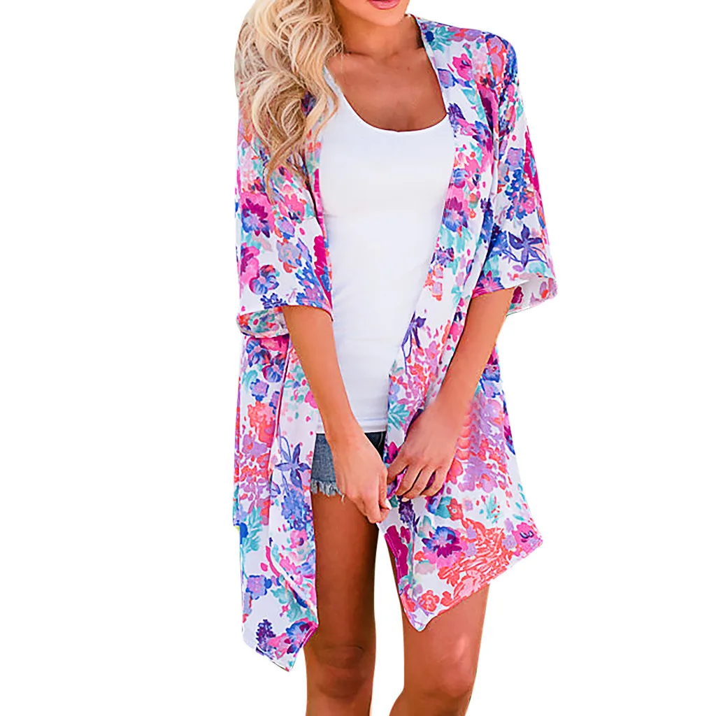 

FREE OSTRICH Women Shirts Middle Sleeve Chiffon Print Sandy Beach Cardigan Smock Elegant Noble Simple Summer Blouse Shirts