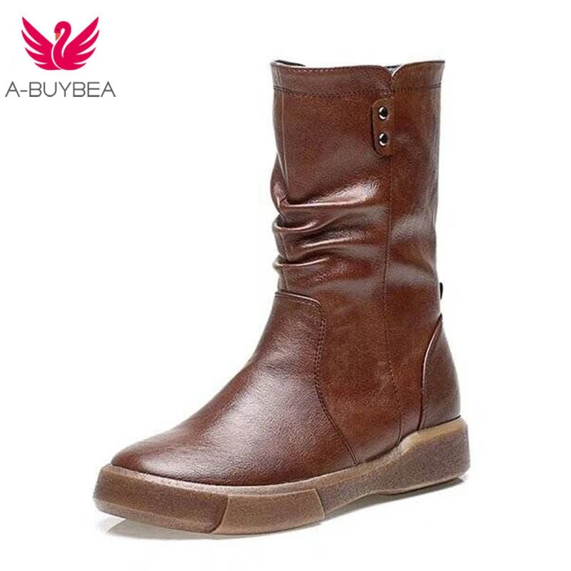 

Martin Boots Female Winter New Short Plush Warm Boots Ins Shoes Korean Style Flat Bottom PU Mid Calf Ladies Motorcycle Boots