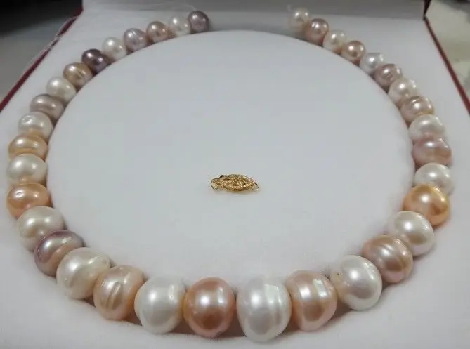 

Charming 18"13-15mm genuine pink white purple pearl necklace