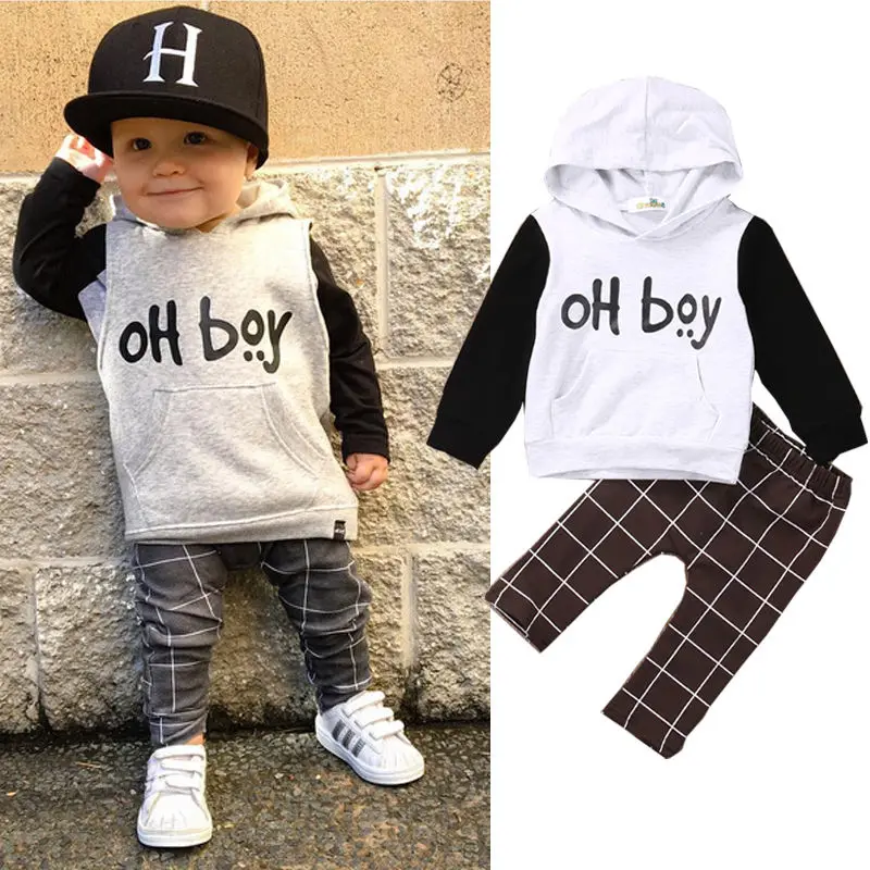 2pcs Newborn Babys Clothes Set Oh Boy Long Sleeve Hooded Sweatshirt