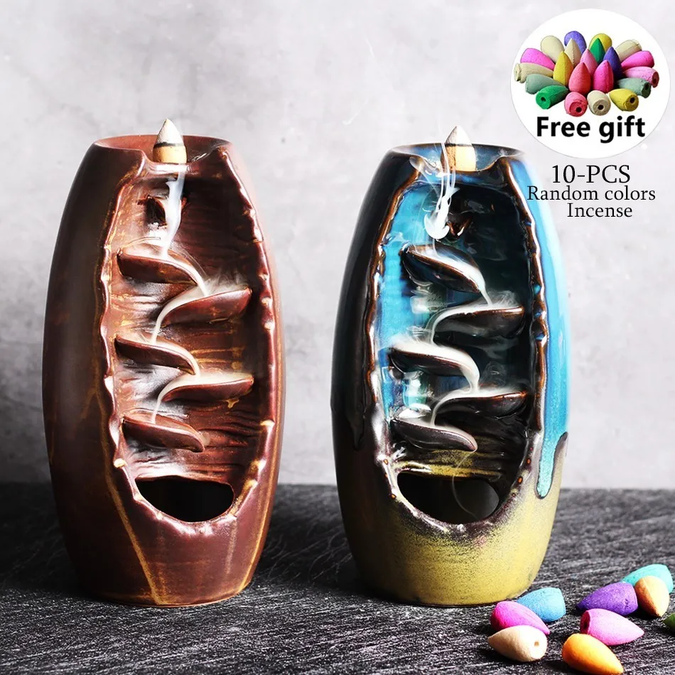 

In stock Backflow Incense Burner Ceramic Aromatherapy Furnace Home Office Buda Decor Mountais Road Incense Watherfall 3 style