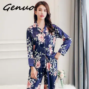 

Genuo New 3XL Women Silk Stain Flower Printed Pajamas Sets Long Sleeves Shirt Blouse+Pants 2PCS Smooth Womens Pyjamas Homewear