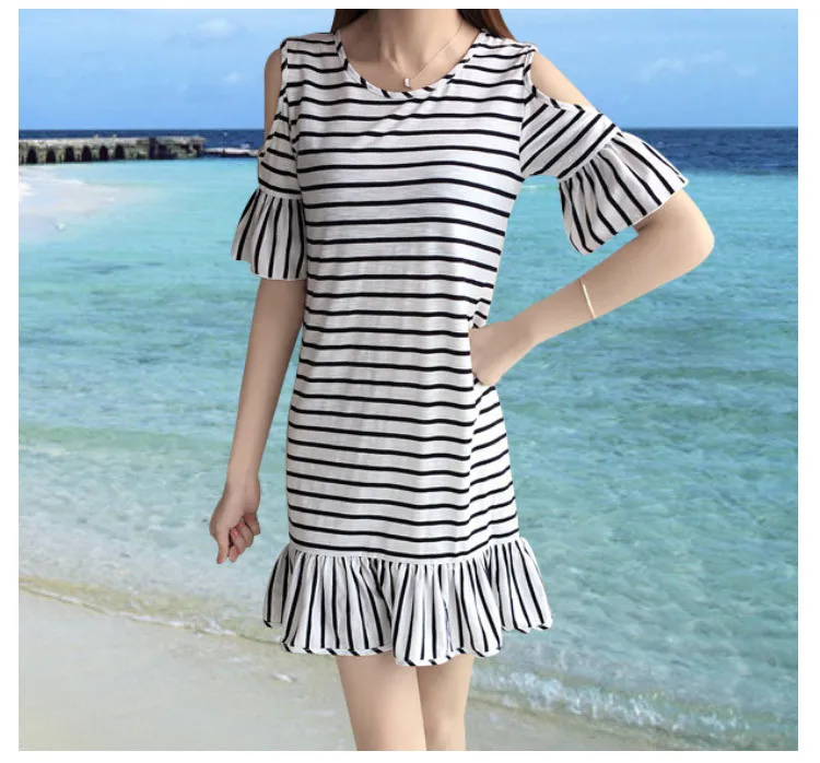 

Summer clothes Women Striped Dress Cold Shoulder Lady Off shoulder ruffle Elegant Ruffles Casual Dress For Girl's clothes