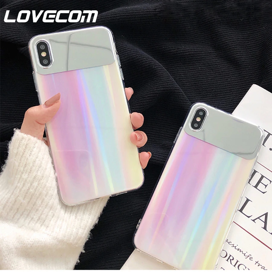 

LOVECOM Gradient Colorful Laser Mirror Cases For iPhone XS X 6 7 8 Plus XS Max XR Soft IMD Full Body Protective Phone Back Cover