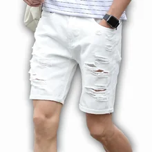Mens Denim Shorts Slim Regular Casual Knee Length Short Hole Jeans Shorts For Men 2017 New Summer White Blue