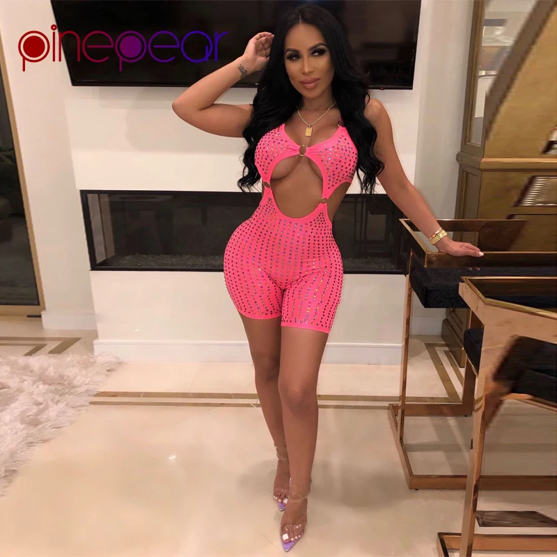 

PinePear Colorful Diamond Rose Red Playsuit Women Rhinestone Hollow Out Sleeveless Backless 2 Piece Sexy Club Outfits Wholesale