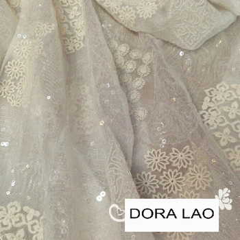 

120cm wide beige paillette embroidered lace fabric for dress diy patchwork material