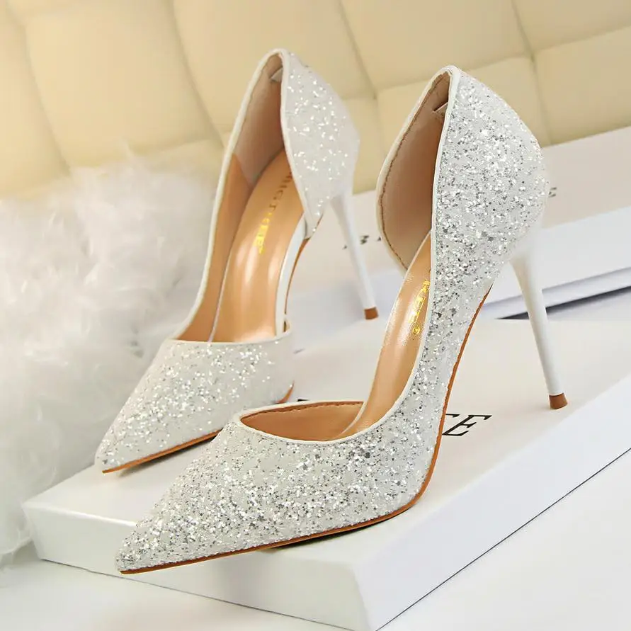 BIGTREE/женские туфли-лодочки; очень пикантные женские туфли на высоком каблуке; женские туфли на тонком каблуке; свадебные туфли; цвет золотой, серебряный, белый; женская обувь - Цвет: Белый
