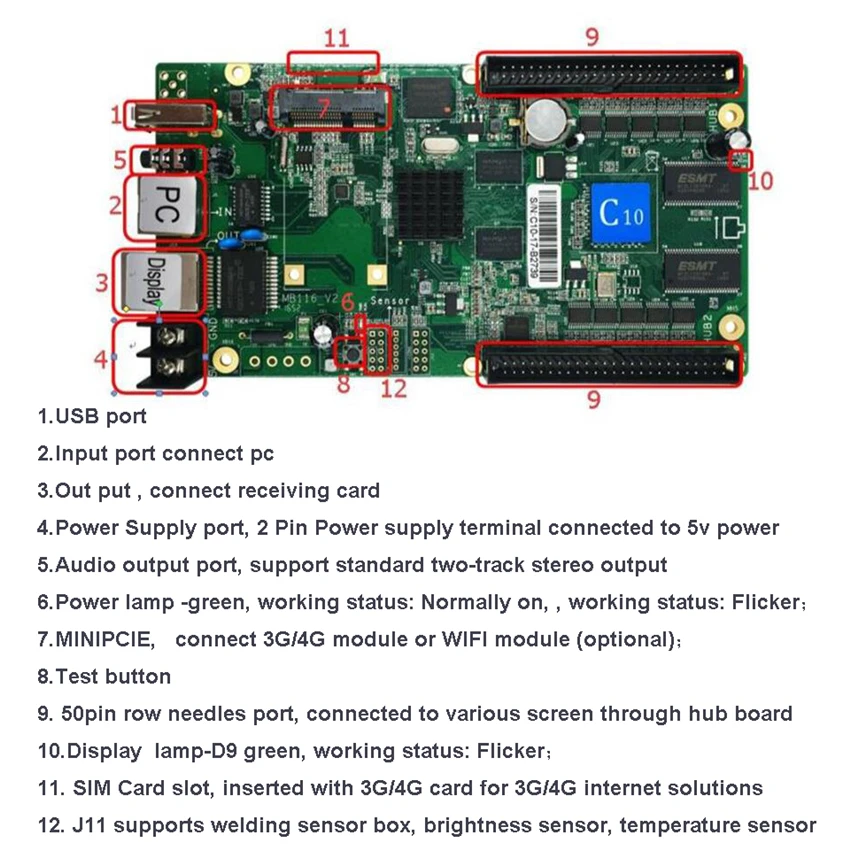 HD-C10/HD-C10C контроллер с поддержкой Wi-Fi rj45 синхронный светодиодный модуль управления карты p2 p2.5 p3 p4 p5 p6 p8 p10 rgb полноцветный светодиодный экран