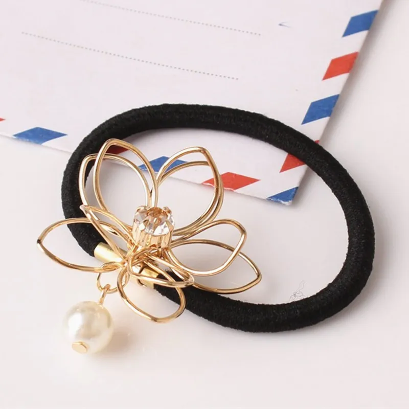 

New Korean Women Hair Accessories Rhinestone Tiara Hair Rope Simulated Pearl Hollow Flower Elastic Headband Rubber Hair Bands