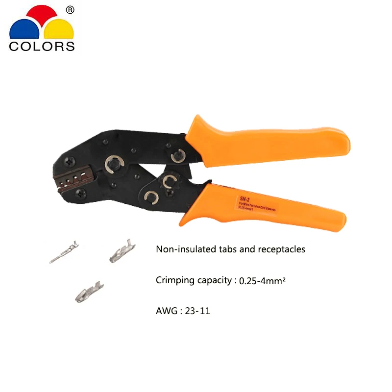 

Ratchet crimping plier for Non-insulated tabs and receptacles crimping capacity 0.25-4.0mm2 AWG 23-11 mini Hand tool SN-2 COLORS