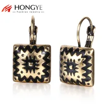 Винтаж цвет серебристый, Золотой-Цвет цвет синий, черный; большие размеры Эмалировка шармы квадратные клип на серьги со шпилькой, для Для женщин девочек 2 цвета Этнические украшения руччной работы