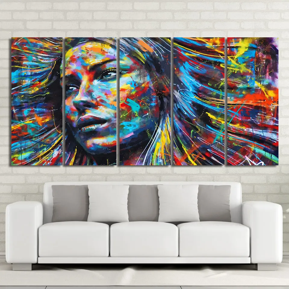 

5 Piece Canvas Art colorful hair figure woman face painting Free Shipping