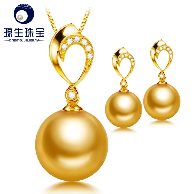 [YS] New 18K Gold With Diamond Tahitian/ South Sea Pearl Pendant Necklace & Earrings Jewelry Set