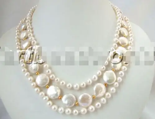 

FREE SHIPPING HOT sell new Style >>>>3 strands white color Natural near round pearl freshwater coin square necklace