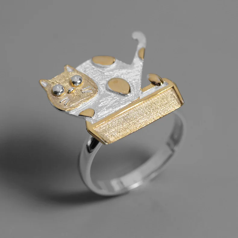 

CMAJOR Original 925 Sterling Silver Two Tone Brushed Cat Kitty Rings for Women Adjustable Fine Jewelry Designer Handmade