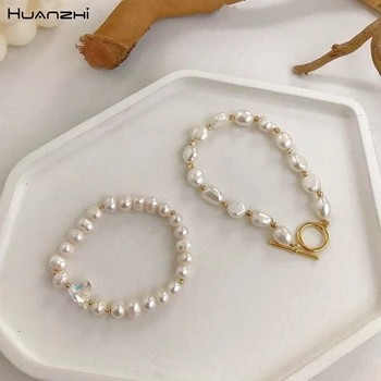 

HUANZHI 2019 Korean New Round Buckle Heart-shaped Natural Pearl Gold Plating Bracelets for Women Girls Party Jewelry Gifts