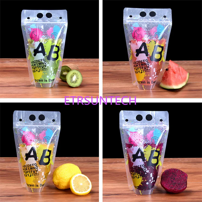 1000pcs/lot 500ml New Design Plastic Drink Packaging Bag Pouch for Beverage Juice Milk Coffee, with Handle and Holes for Straw 5