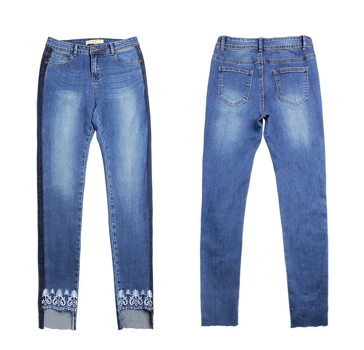 CamKemsey размера плюс S-3XL джинсы с цветочной вышивкой Женские с боковой полоской Стрейчевые с высокой талией обтягивающие джинсы для женщин джинсовые штаны