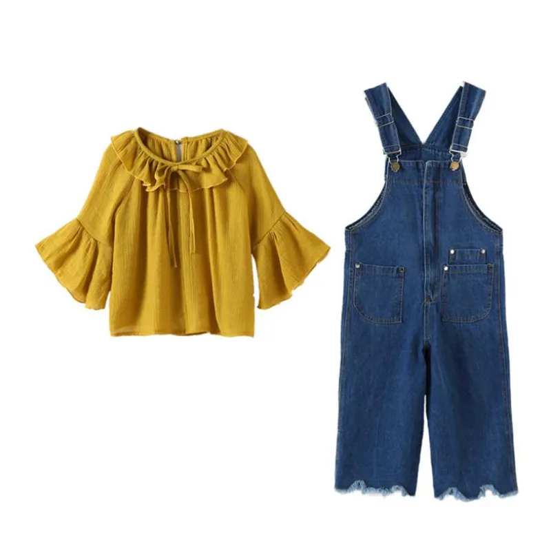 

DFXD Children Girls Summer Clothes Set Kids Fashion New Flare Sleeve Shirt+Jeans Overall Outfit 2pcs Party Suit Set For 3-14Yrs