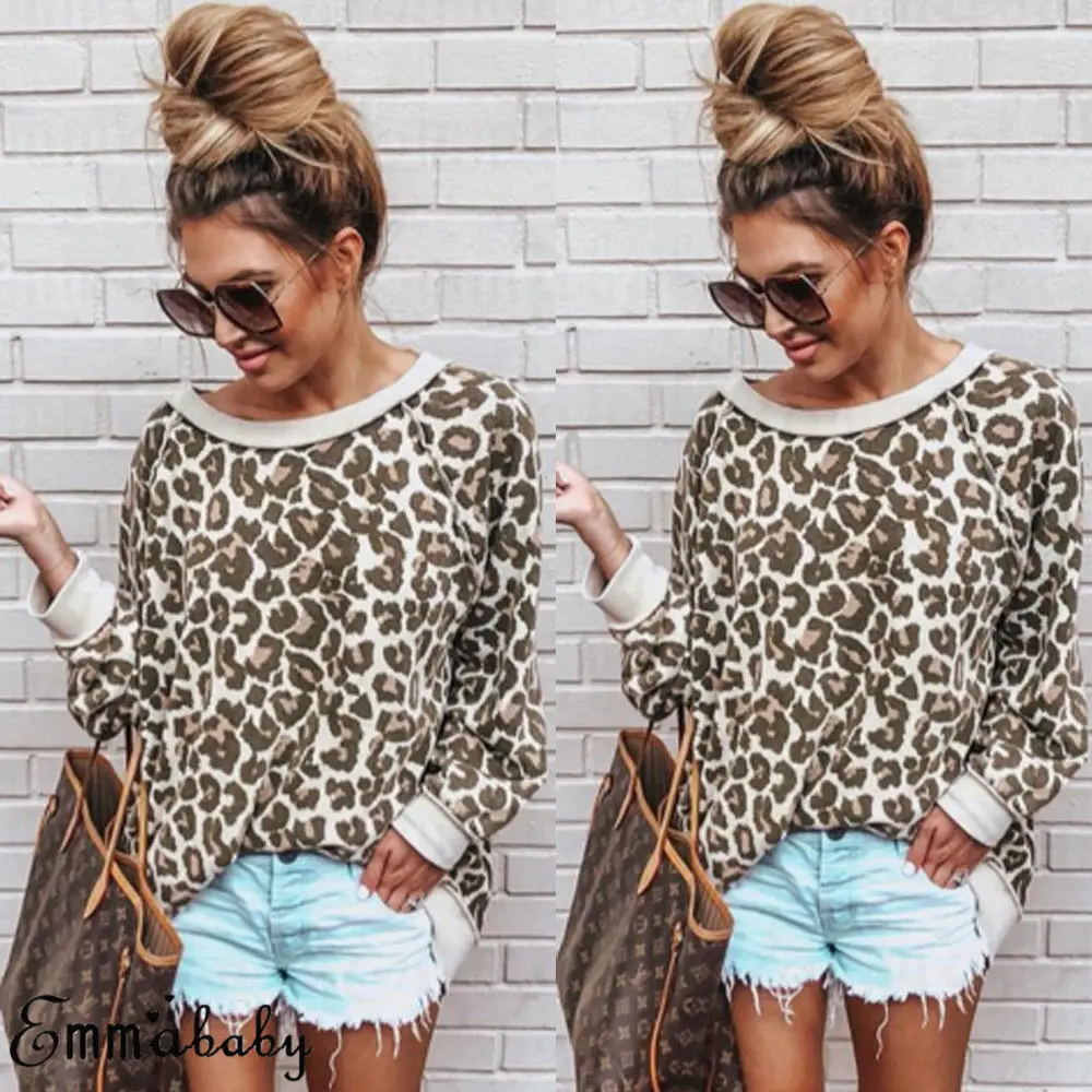 

T-Shirts 2018 New Brand Women Leopard Print Long Sleeve O-Neck Ladies Casual Tops Loose T-Shirts