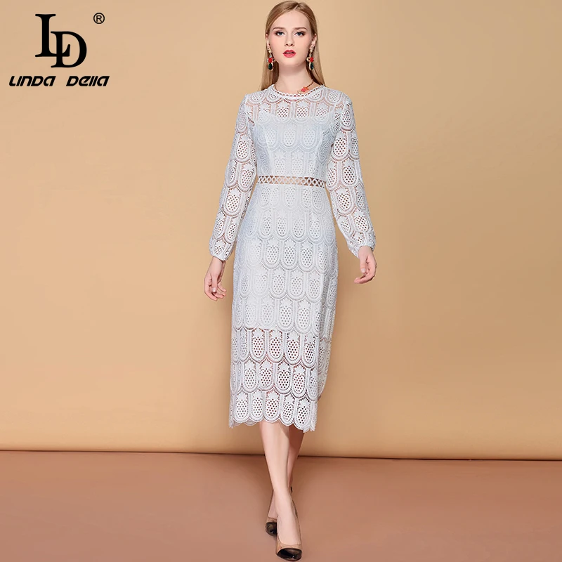 LD LINDA DELLA 2019 Fashion Holiday Party Midi Elegante Jurk vrouwen Lange Mouw Vakantie Solid Hollow out Wit Kant jurk LD LINDA DELLA 2019 Fashion Holiday Party Midi Elegante Jurk vrouwen Lange Mouw Vakantie Solid Hollow out Wit Kant jurk