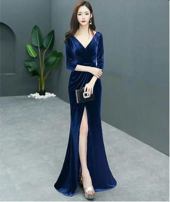 

2019 vintage evening dress long Mermaid velour prom dress simple graduation dress fabric Evening gown vestido de noiva