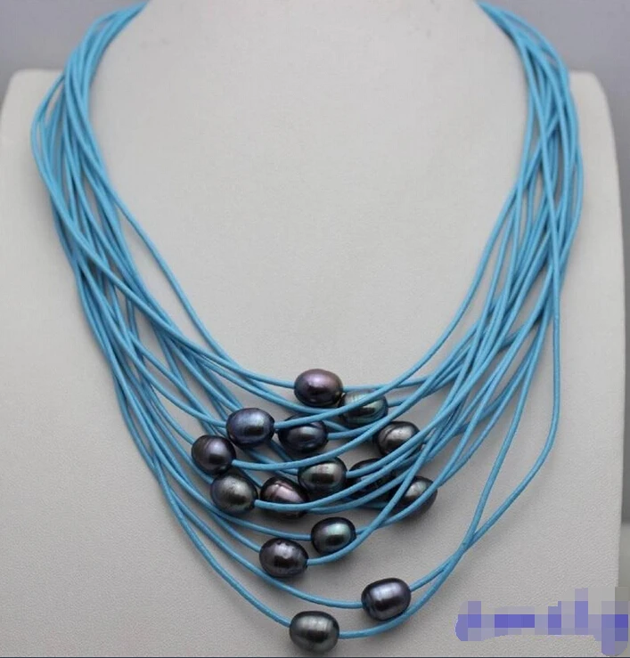 

FREE shipping>>>>>> black freshwater pearl 15strand blue Genuine leather necklace 19-23INCH Alloy 6.07
