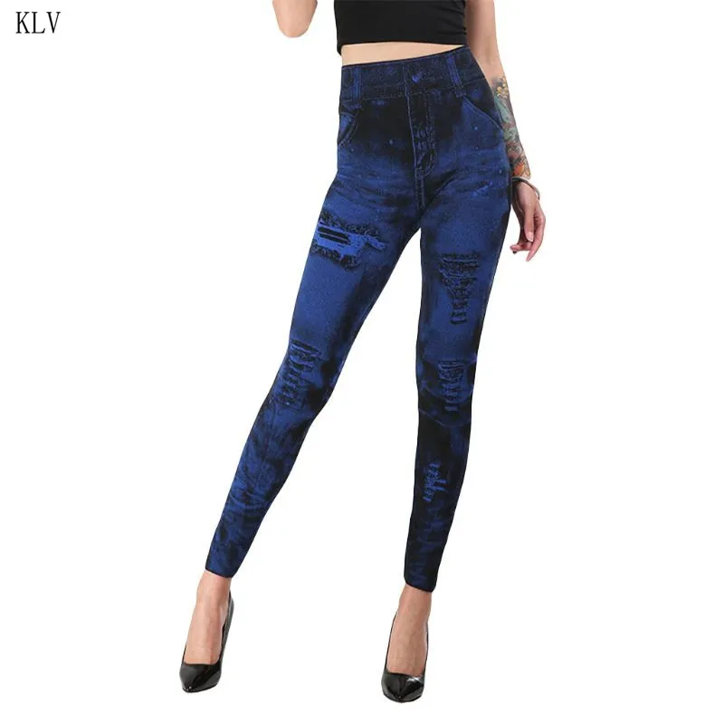 Женские имитация потертых лосины из джинсовой ткани повседневные узкие эластичные брюки-карандаш с высокой талией - Цвет: Синий