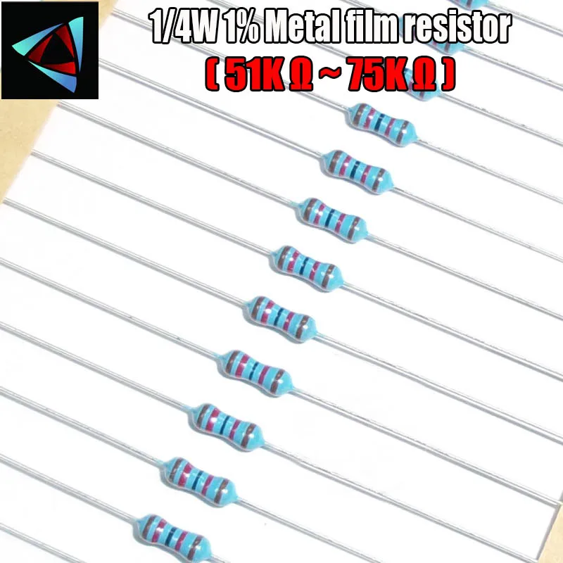 100pcs 1 4W 1 Metal film resistor 51K 56K 62K 68K 75K ohm