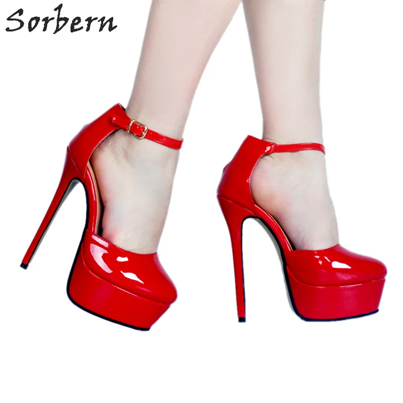 

Sorbern Elegant Red Ankle Strap Platform Pumps Custom Colors Shiny Women Shoes High Heel Sexy Stiletto Heels 2018 Size 34-47