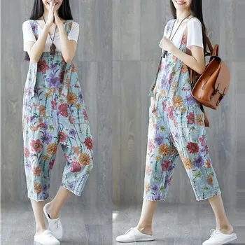 

2019 Spring New Denim Overalls Women Modis Loose Large size Nnine pants Women's Floral Hole Jumpsuit tide pants