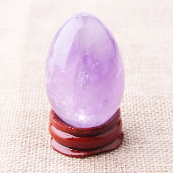 

2019 45mm*30mm Natural Amethyst beads Eggs With wood stand Natural Bell Chakra Healing Crystal Reiki Stone Carved