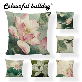 

Chinese Style Cushion Covers Pink Flowers Pattern Linen Cotton Modern Art Home Decor Beauty Chair Garden Lotus Throw Pillow Case