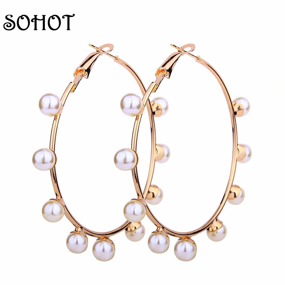 

SOHOT Romantic Style Cute Hoop Earrings Simulated Pearl Accessories For Women Major Jewelry Gold Color Metal Birthday Gift