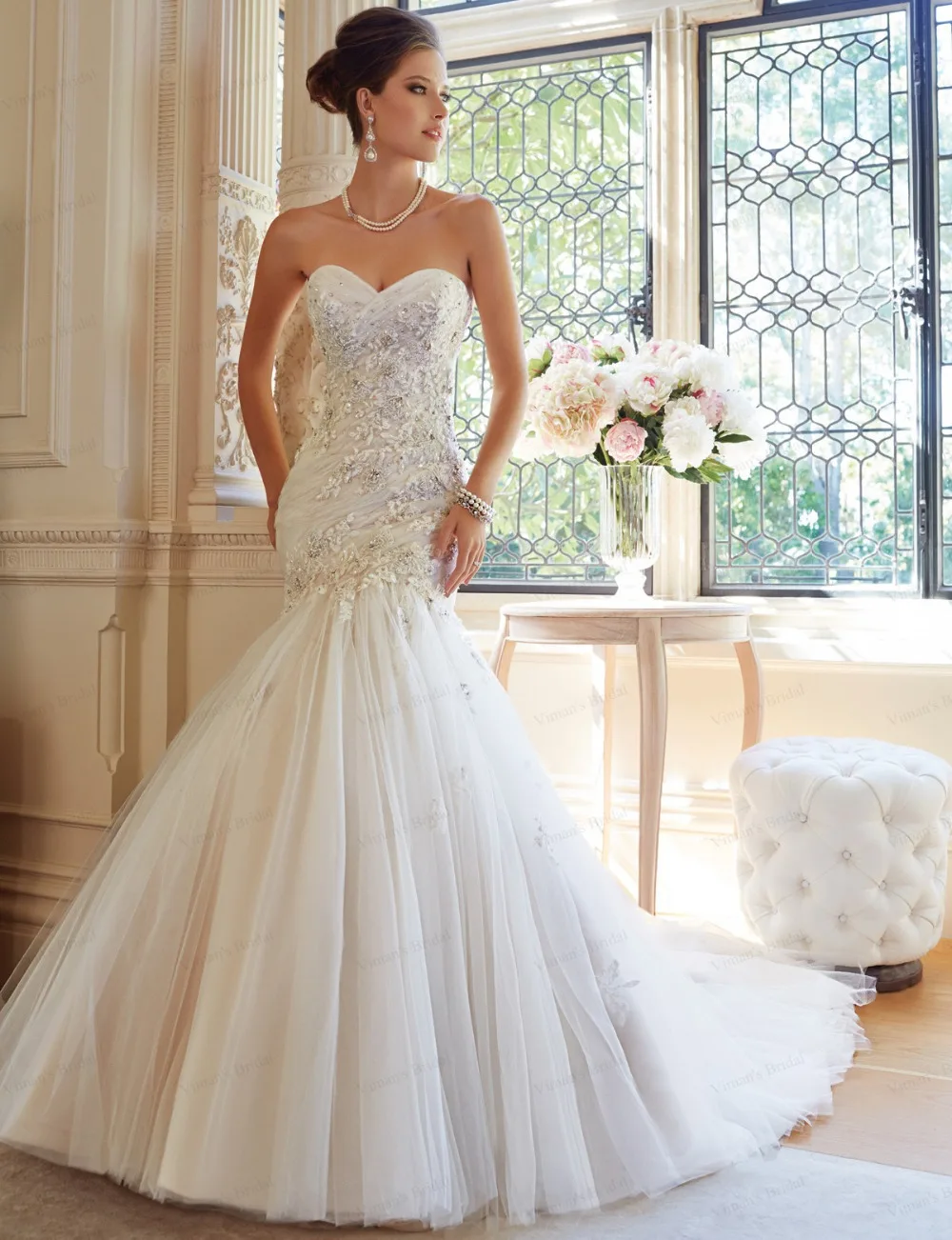 

Vestido De Noiva 2015 Elegant Sweetheart Mermaid Wedding Dress Appliques Lace-up Tulle Court Train Beaded Robe De Mariage