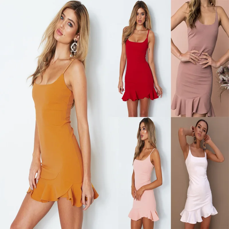

bodycon dress women summer dress Ruffles Sleeveless Sheath Spaghetti Strap