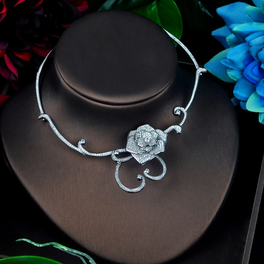 HIBRIDE beauty свадебное ожерелье AAA кубический цирконий цветочный дизайн Chorker модные ювелирные изделия, подвески, аксессуары N-675