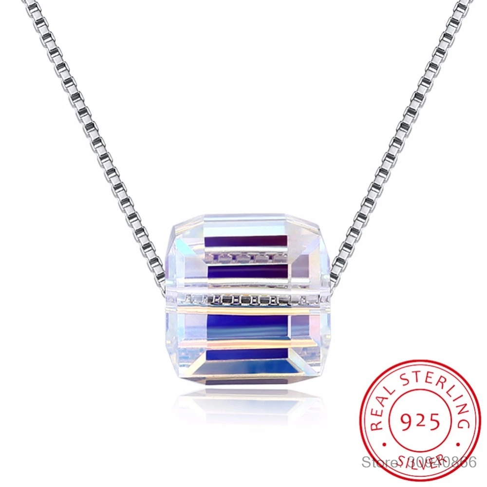 

LEKANI Fine Jewelry Multicolor Cube Bead Crystal From SWAROVSKI Pendants Necklaces Simple Fashion S925 Silver Collares For Women